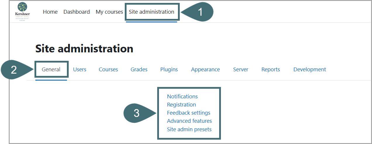 A screenshot of the Moodle Site administration menu.