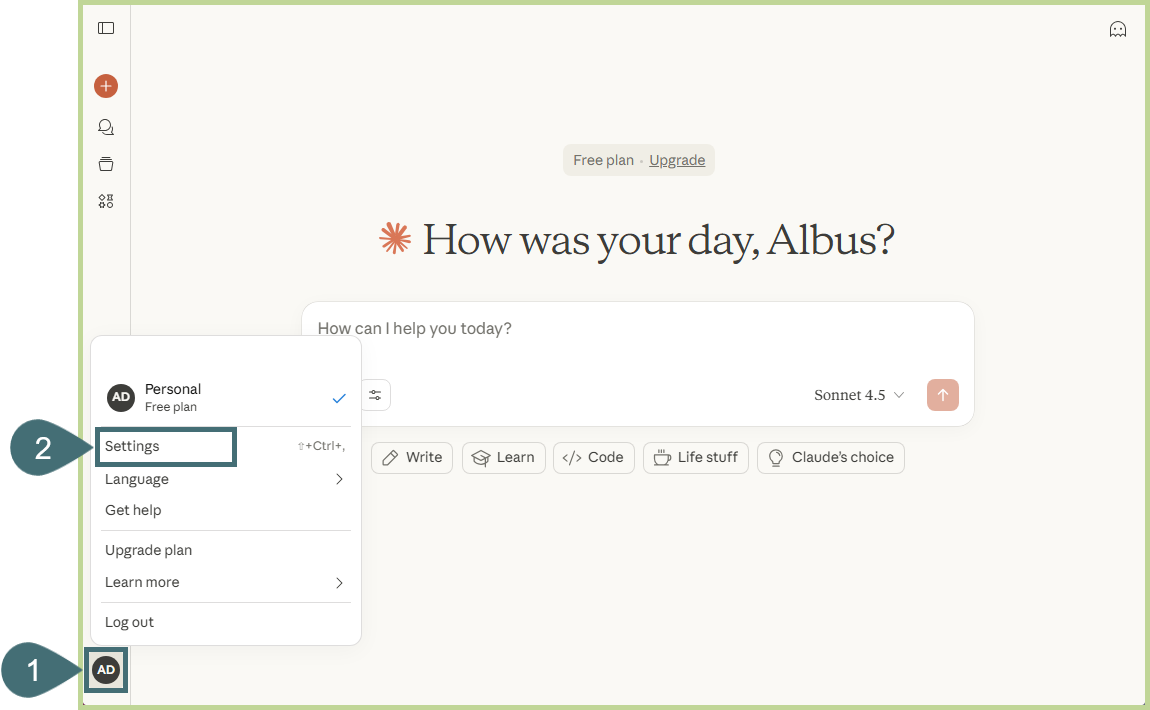 A screenshot of the Claude home screen with the Settings menu open.