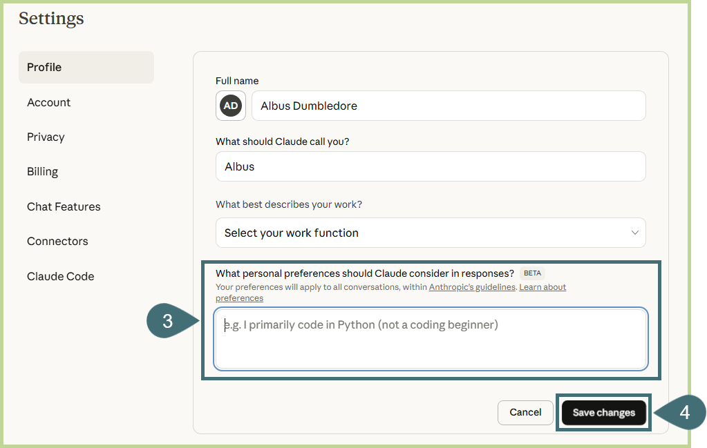 A screenshot of the Settings section with the Profile page open and the box where instructions can be entered highlighted.